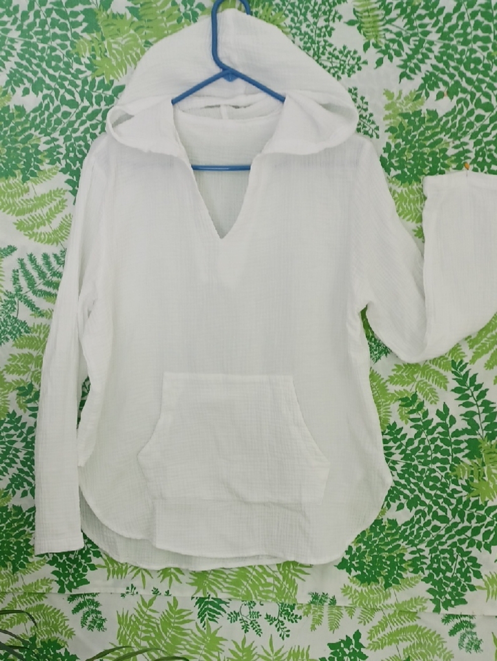 White Hooded Lightweight Cotton Crinkle Gauze Pullover Tunic Top